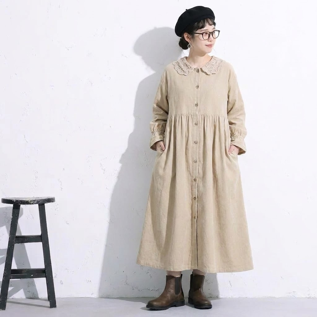 L～4XL フリル袖 長袖 無地 レトロ ワンピース