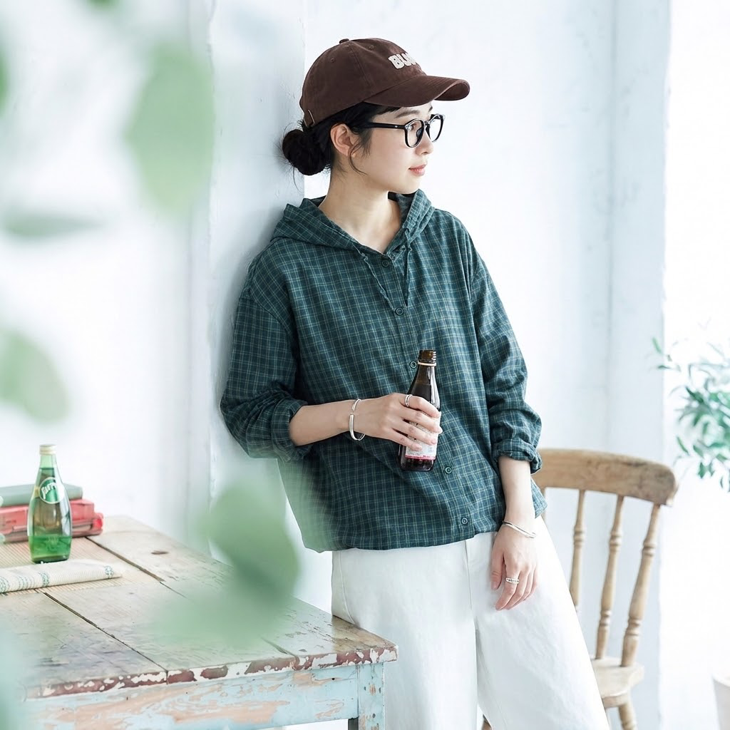 コットン ボタン チェック柄 長袖 レトロ シャツ
