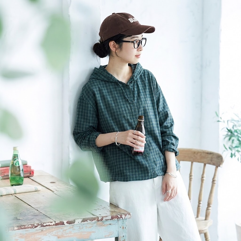 コットン ボタン チェック柄 長袖 レトロ シャツ