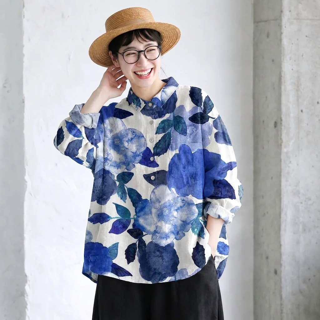 綿麻 ブルー系花柄 ゆったりブラウス