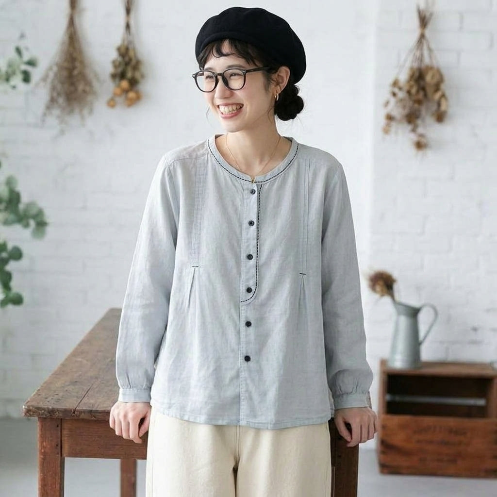 ボタン 長袖 無地 刺繍 レトロ シャツ