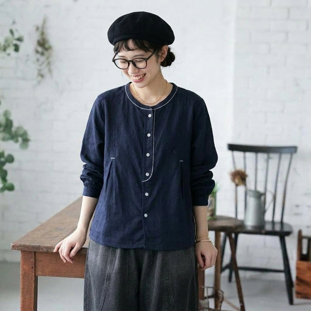 ボタン 長袖 無地 刺繍 レトロ シャツ