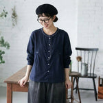 ボタン 長袖 無地 刺繍 レトロ シャツ