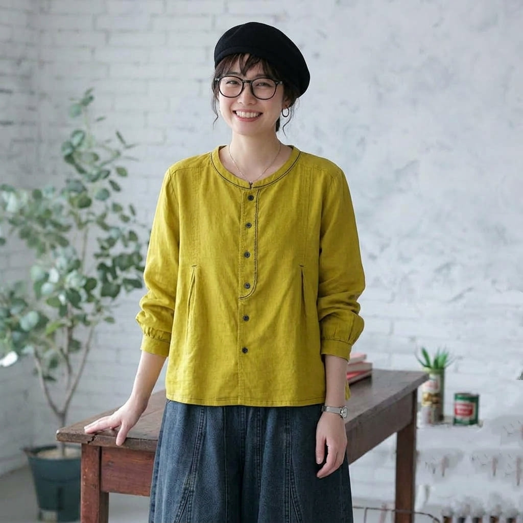 ボタン 長袖 無地 刺繍 レトロ シャツ
