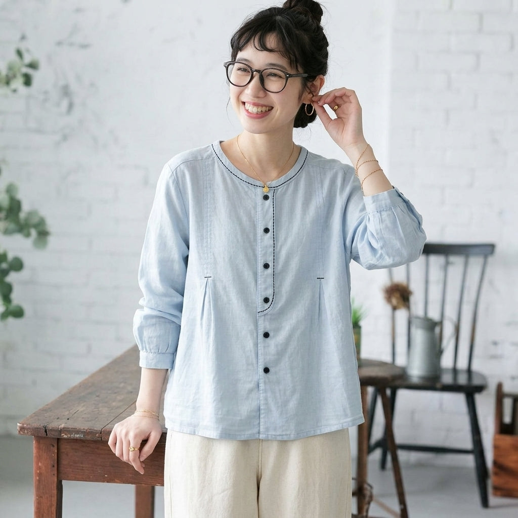 ボタン 長袖 無地 刺繍 レトロ シャツ