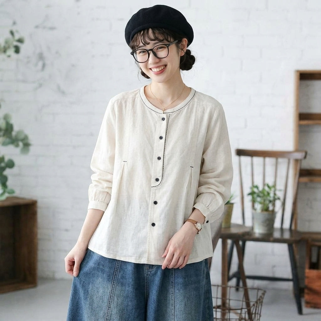 ボタン 長袖 無地 刺繍 レトロ シャツ