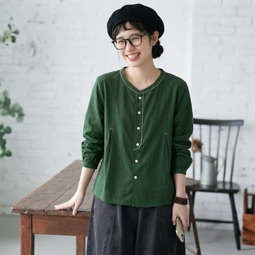 ボタン 長袖 無地 刺繍 レトロ シャツ