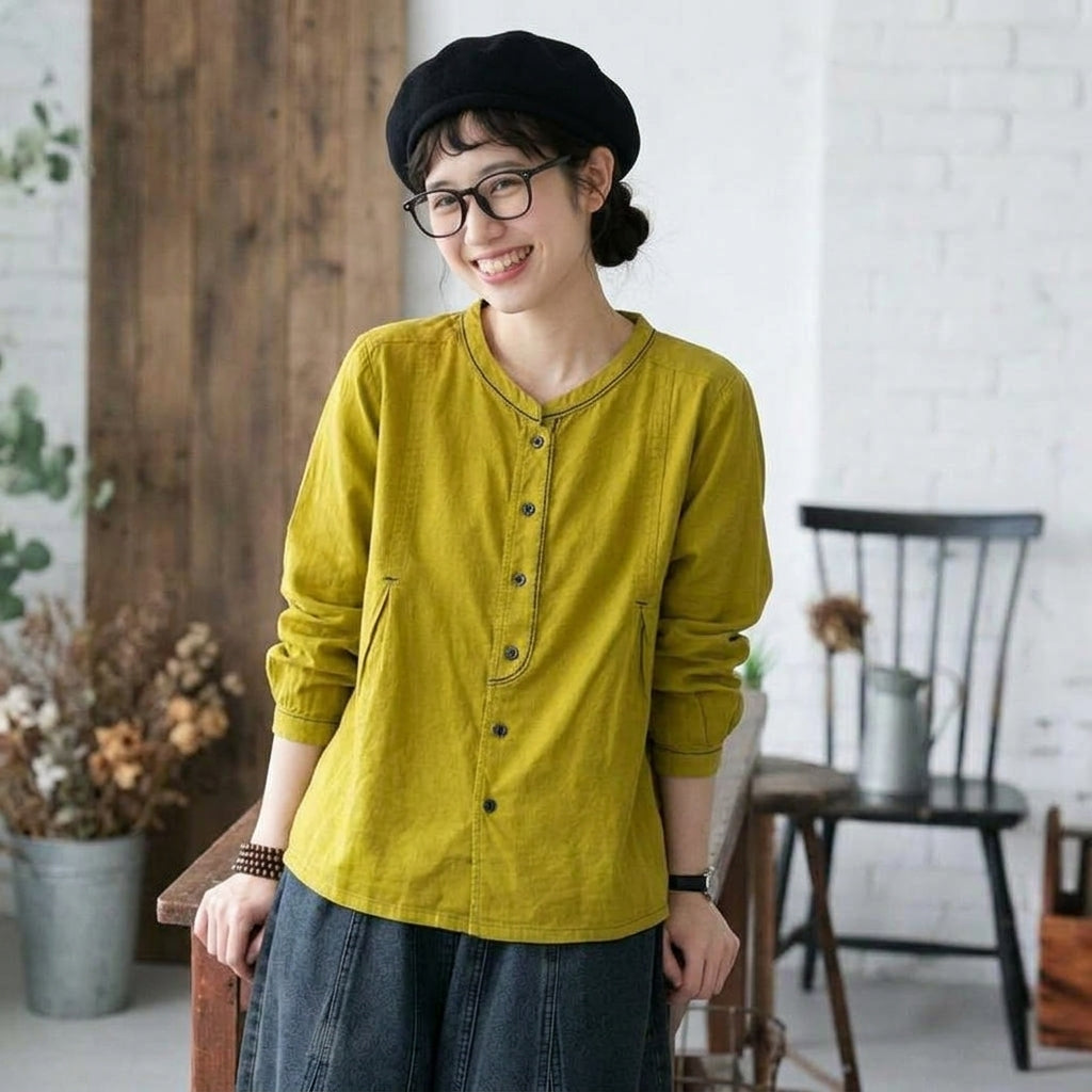 ボタン 長袖 無地 刺繍 レトロ シャツ