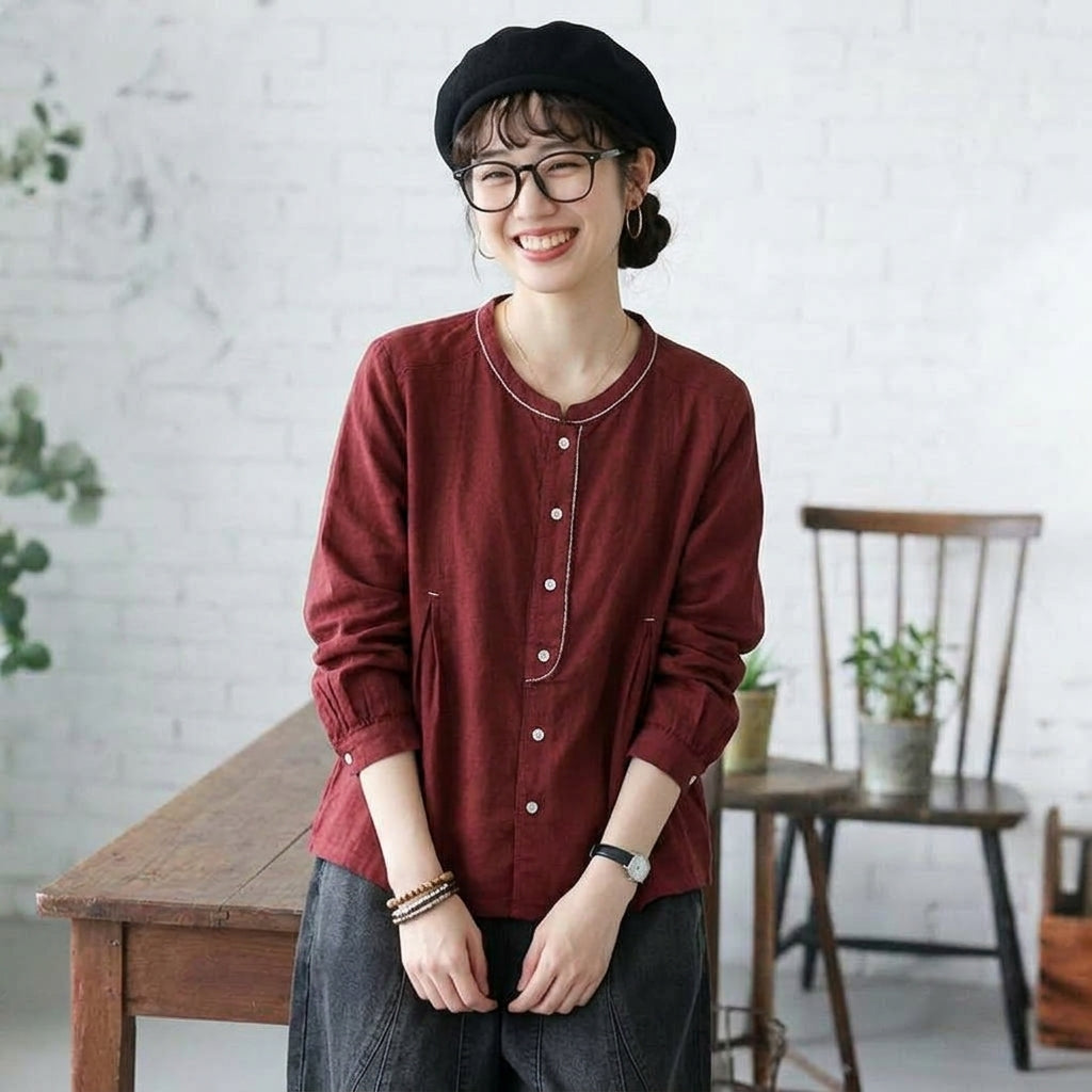 ボタン 長袖 無地 刺繍 レトロ シャツ