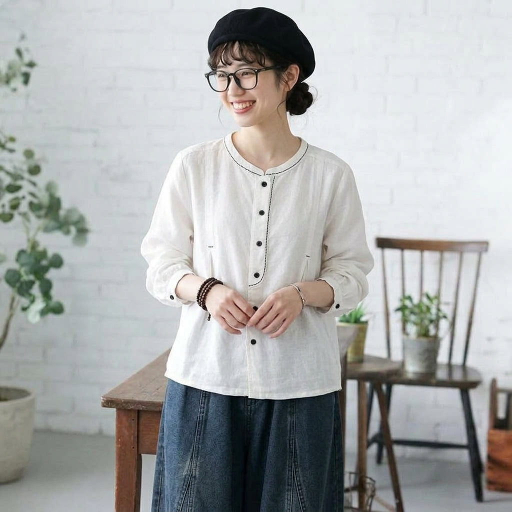 ボタン 長袖 無地 刺繍 レトロ シャツ