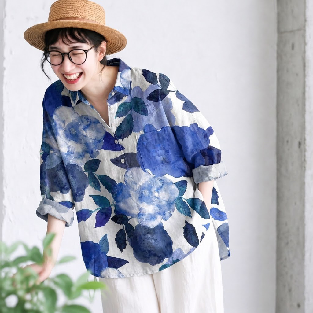 綿麻 ブルー系花柄 ゆったりブラウス
