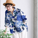 綿麻 ブルー系花柄 ゆったりブラウス