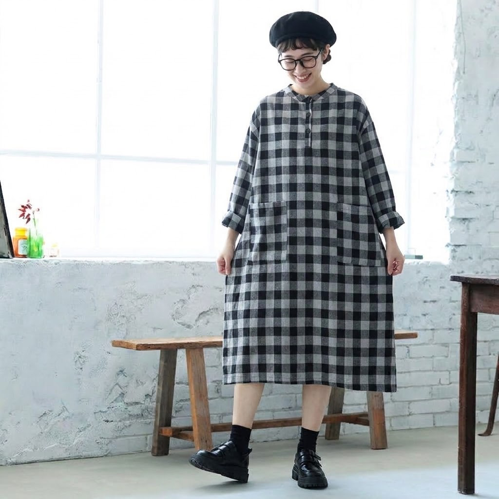 チェック柄 オーバーシルエット ミディ丈 ワンピース