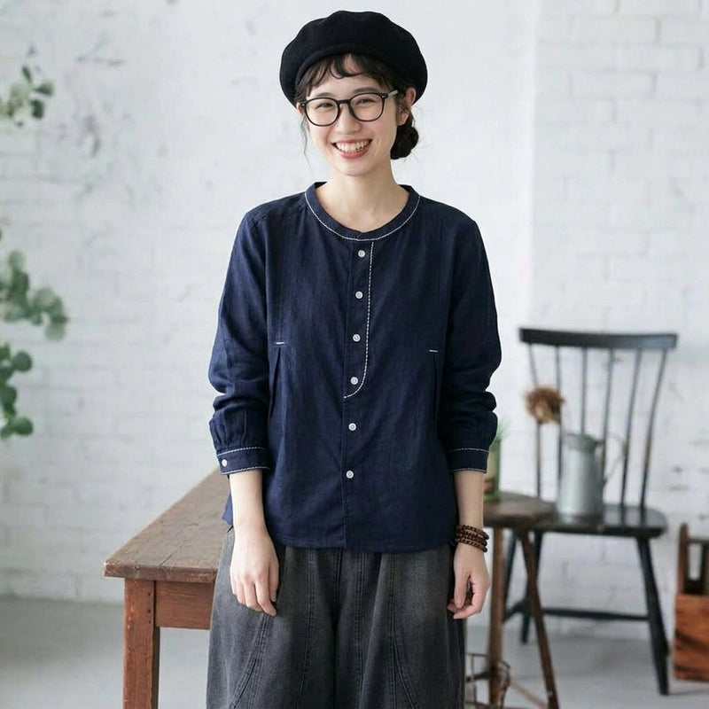 ボタン 長袖 無地 刺繍 レトロ シャツ