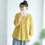M～6L 綿麻 プリーツ長袖シャツ