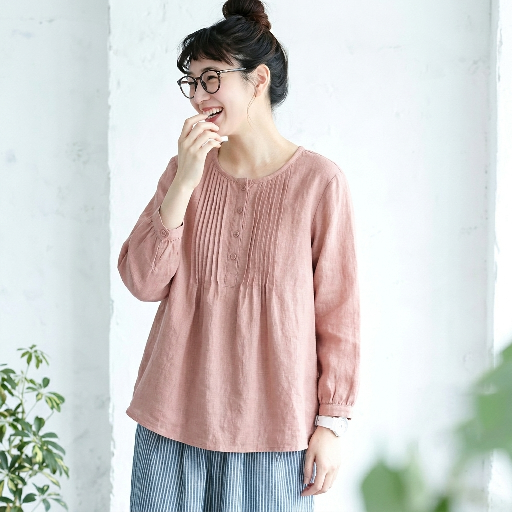 M～6L 綿麻 プリーツ長袖シャツ