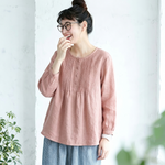 M～6L 綿麻 プリーツ長袖シャツ