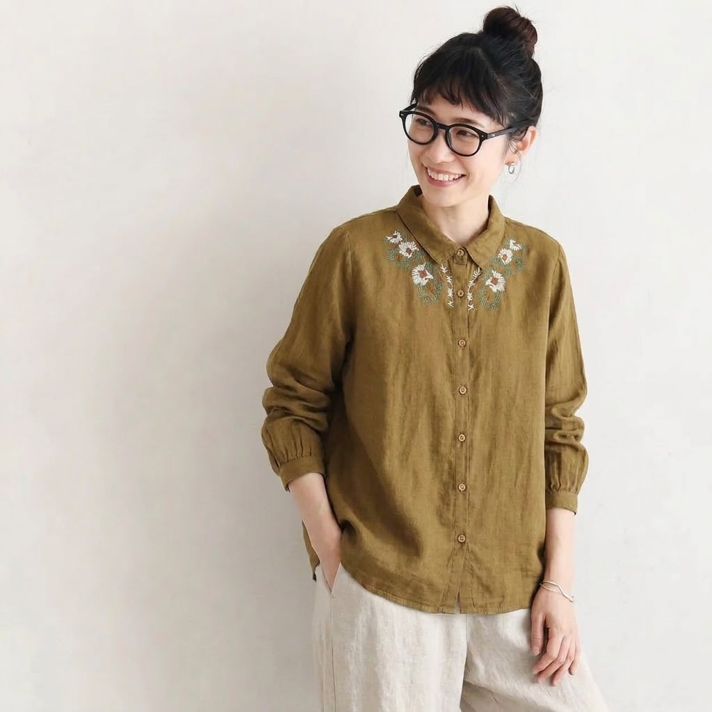無地 長袖 刺繍 花模様 シャツ