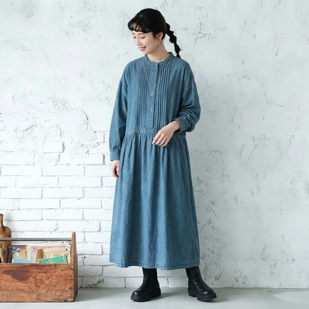 M～5L デニム風 長袖Aラインワンピース