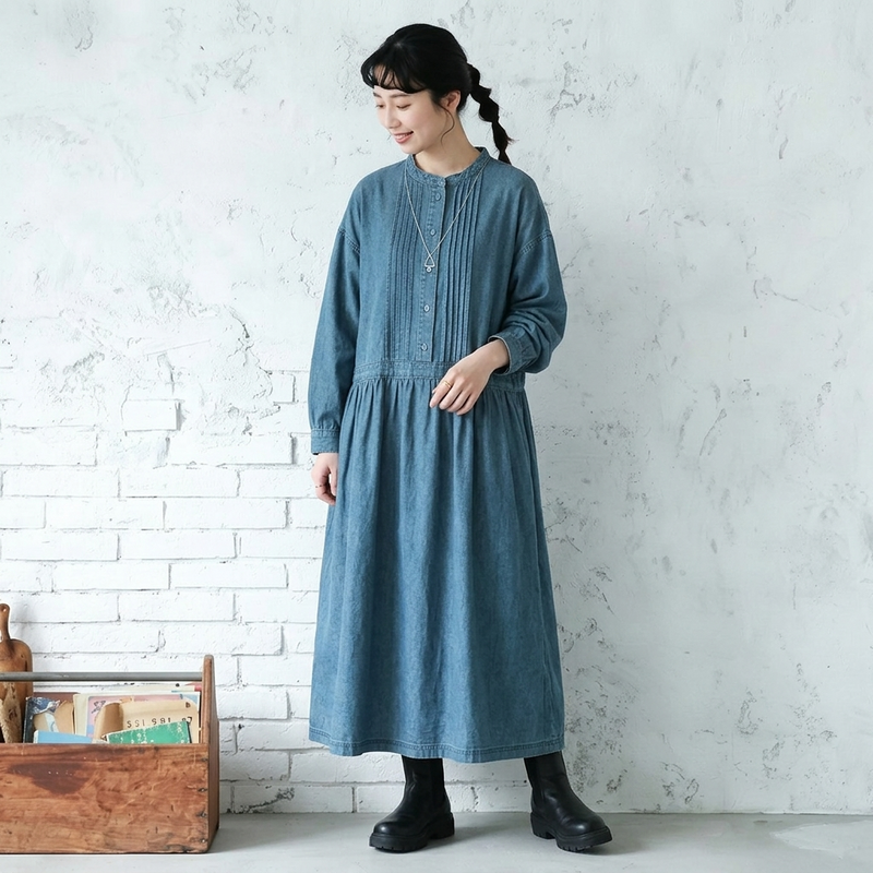 M～5L デニム風 長袖Aラインワンピース