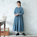 M～5L デニム風 長袖Aラインワンピース