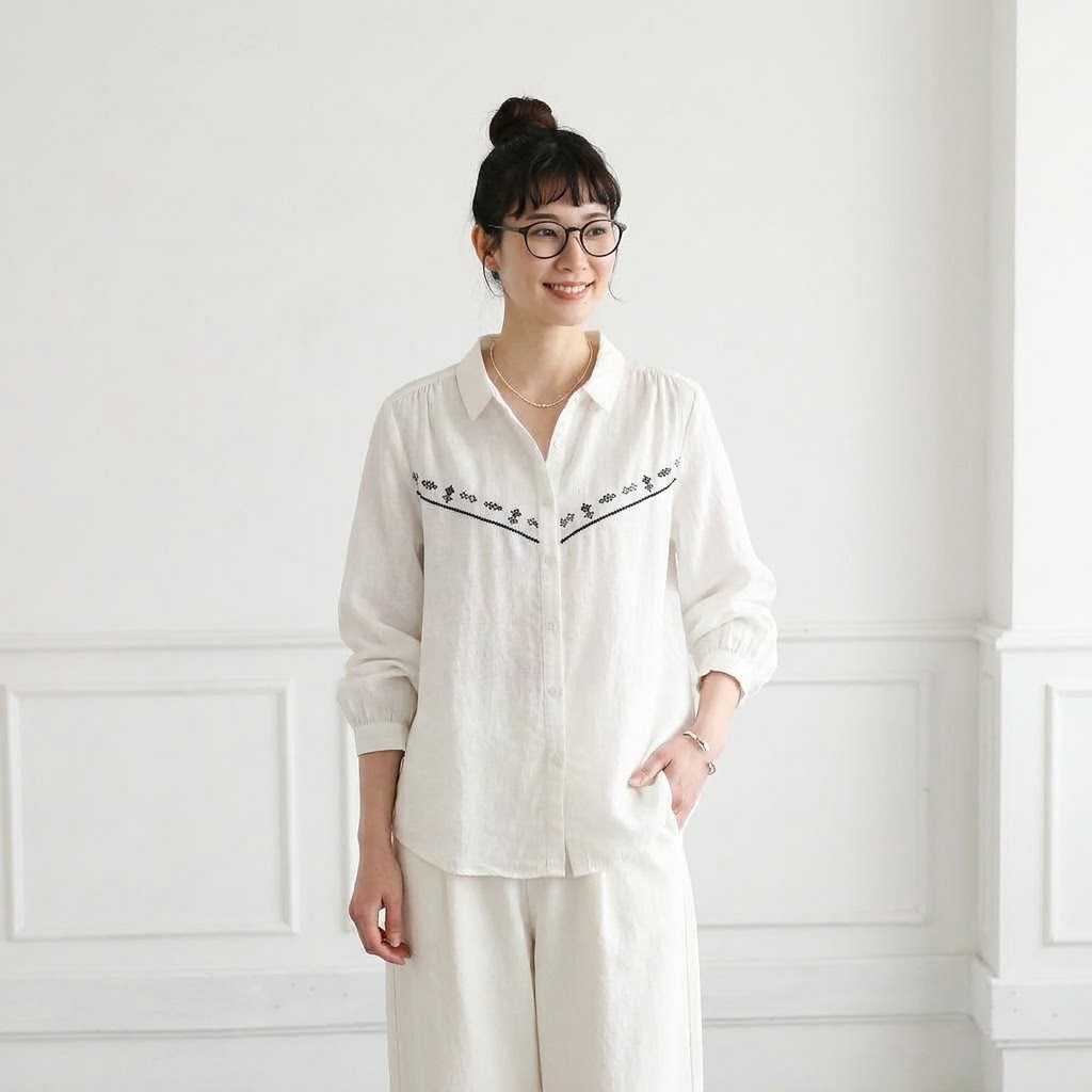 コットン 無地 刺繍 シャツ