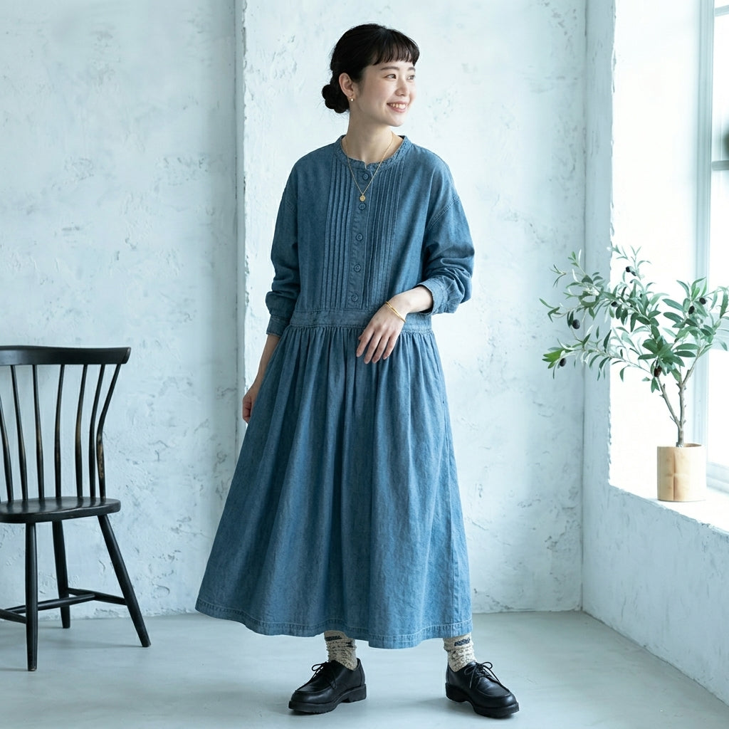 M～5L デニム風 長袖Aラインワンピース