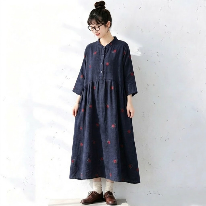 プリント Aライン スタンドネック レトロ ワンピース