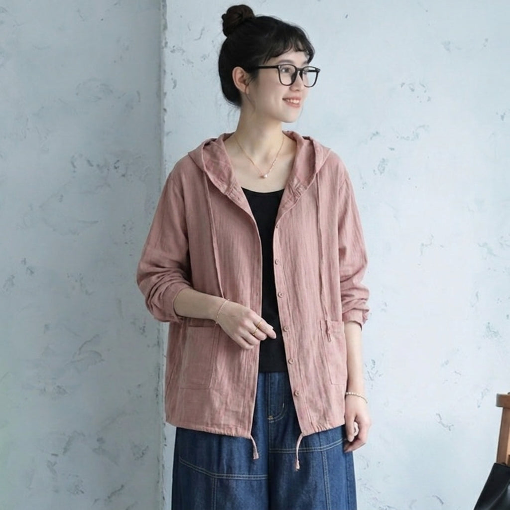 コットン XL～5XL 無地 ボタン フード付き 長袖 シャツ