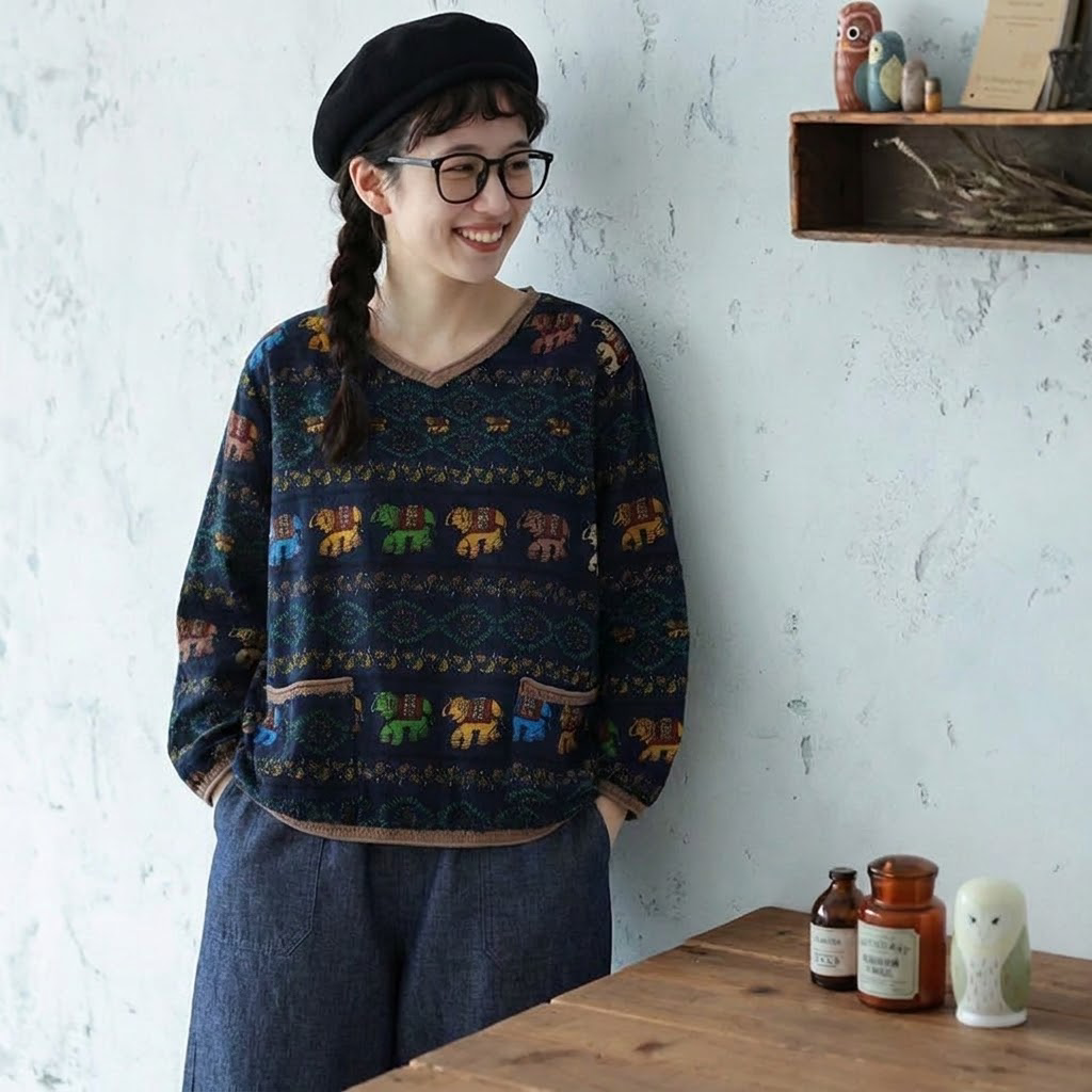 綿麻 Vネック 幾何総柄 長袖 Tシャツ