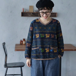 綿麻 Vネック 幾何総柄 長袖 Tシャツ