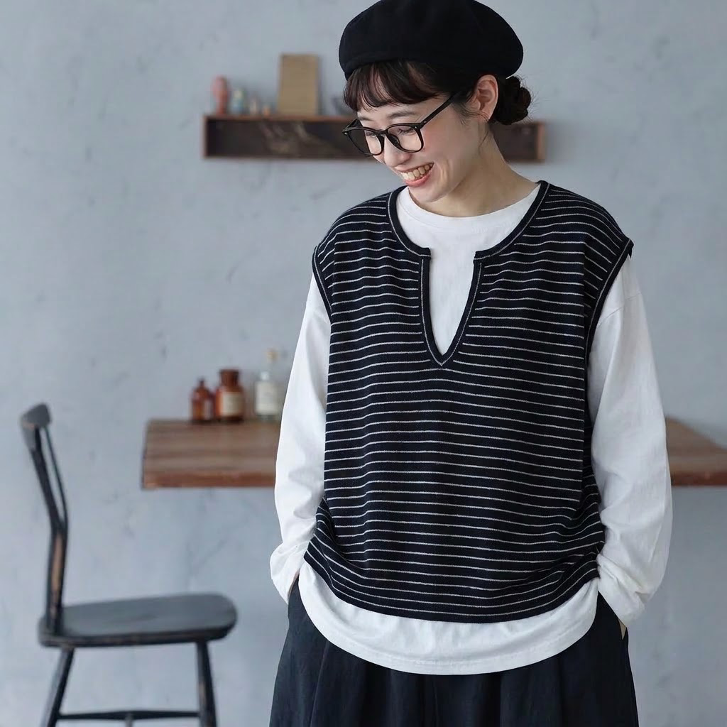 ボーダー キーネック セット風デザイン 切り替え袖 Tシャツ