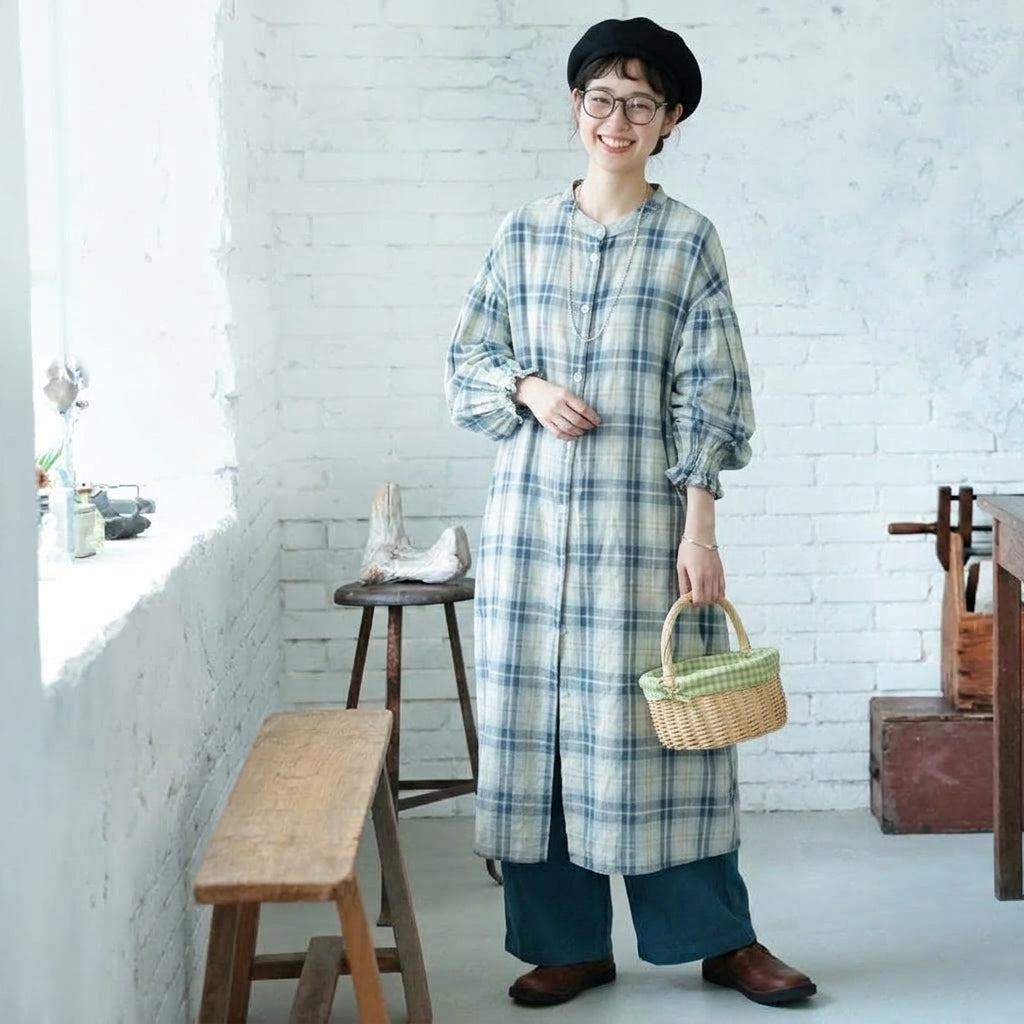 チェック柄 長袖 シャツワンピース