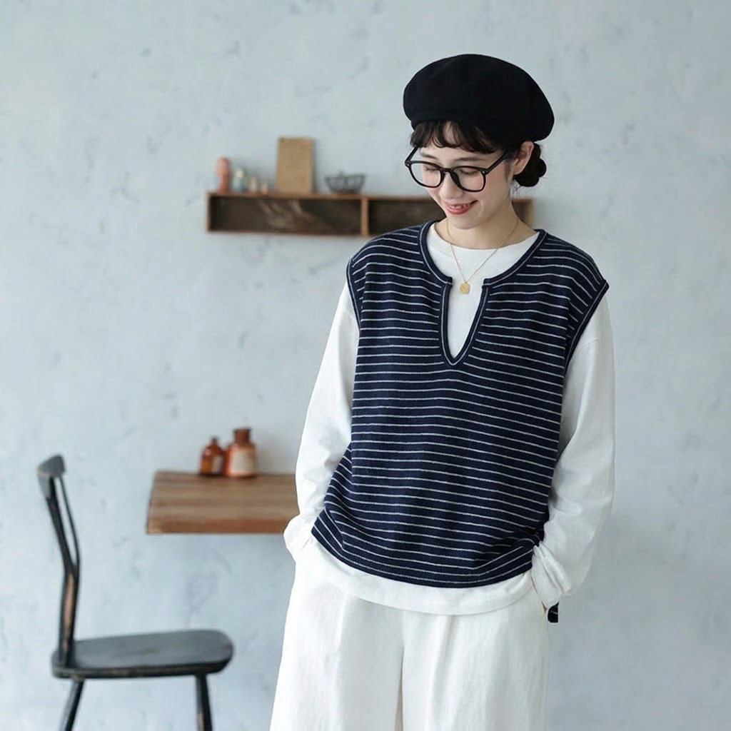 ボーダー キーネック セット風デザイン 切り替え袖 Tシャツ