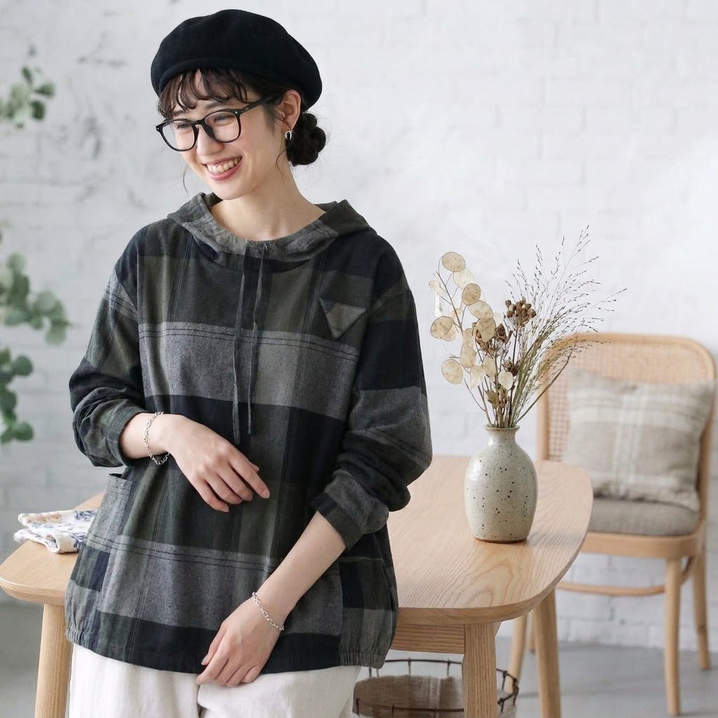 XL～4XL チェック柄 長袖 フード付き Tシャツ