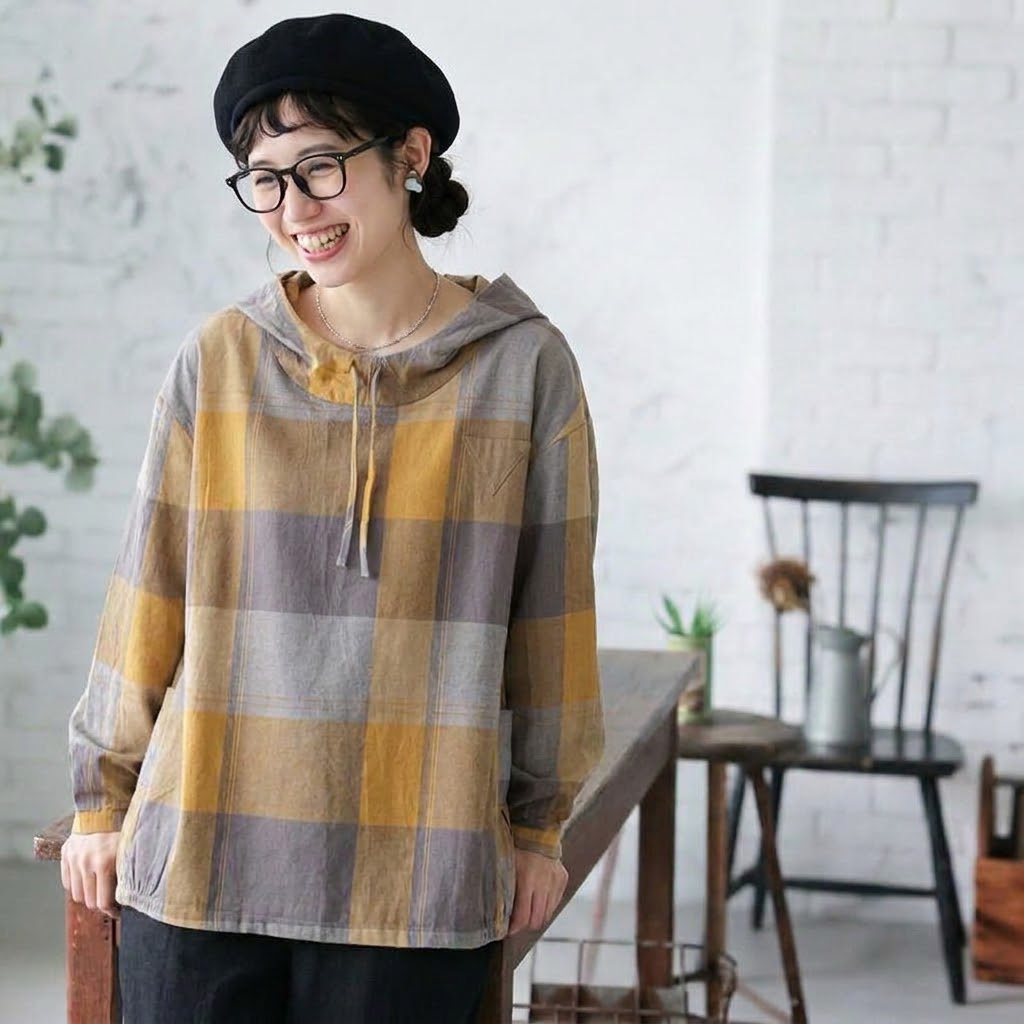 XL～4XL チェック柄 長袖 フード付き Tシャツ
