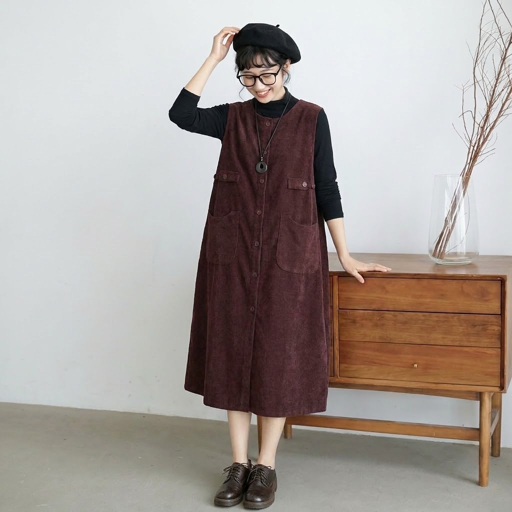 コーデュロイ 丸襟 ノースリーブ 前ボタン ポケット付き ワンピース