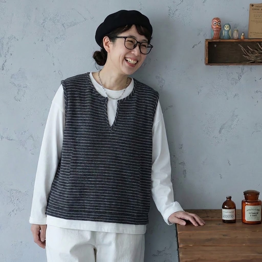 ボーダー キーネック セット風デザイン 切り替え袖 Tシャツ