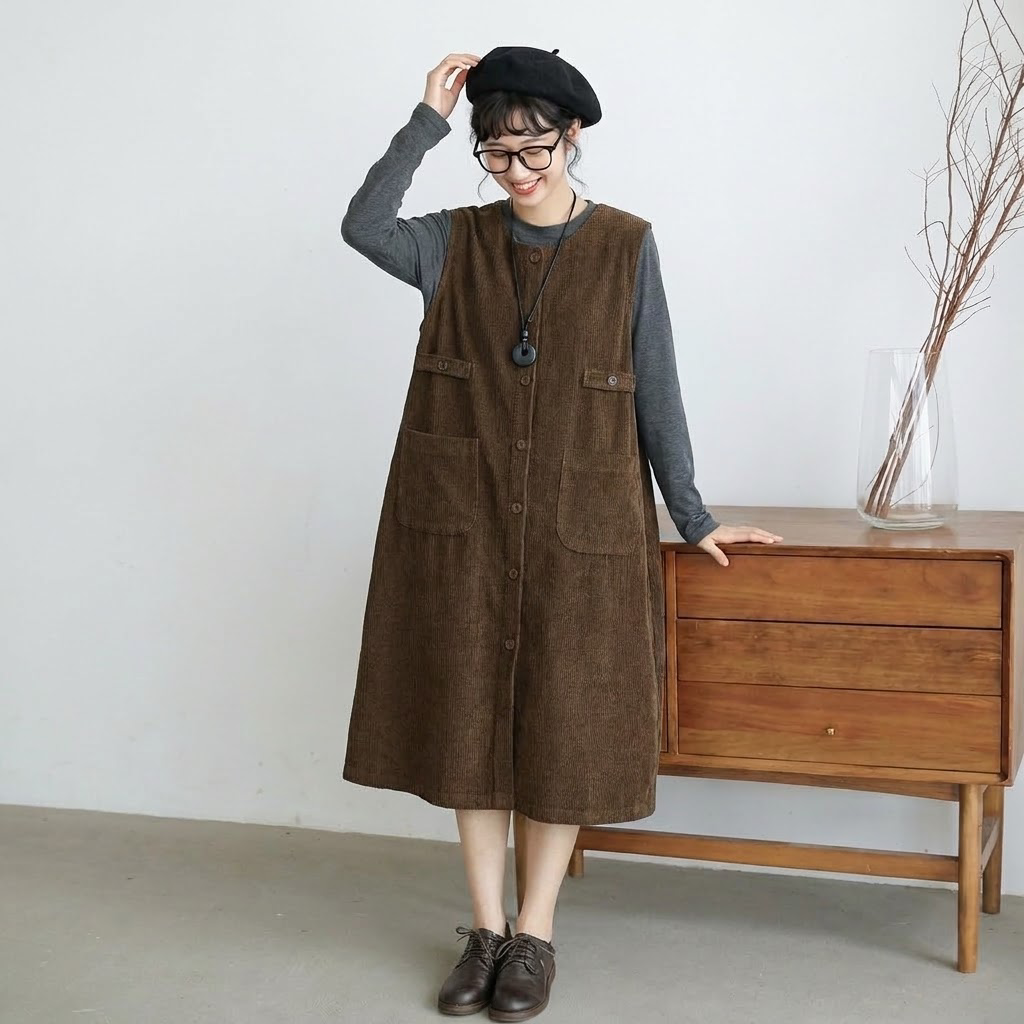 コーデュロイ 丸襟 ノースリーブ 前ボタン ポケット付き ワンピース