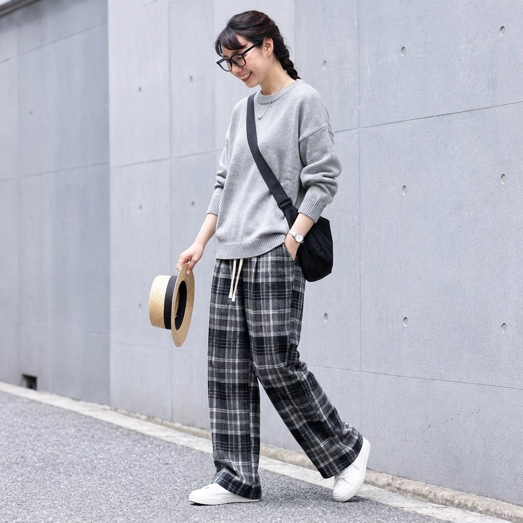チェック柄 ストレートワイドパンツ 通常・裏起毛