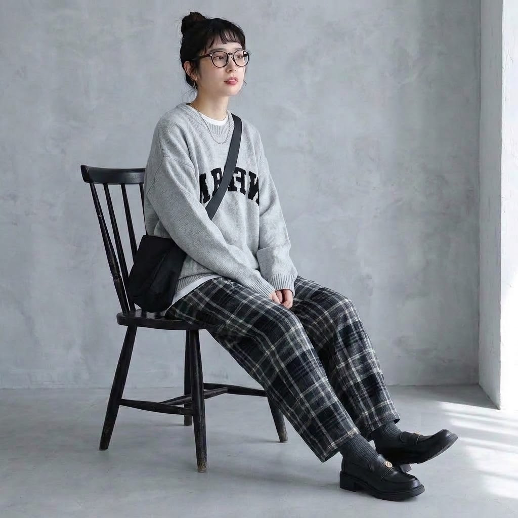 チェック柄 ストレートワイドパンツ 通常・裏起毛