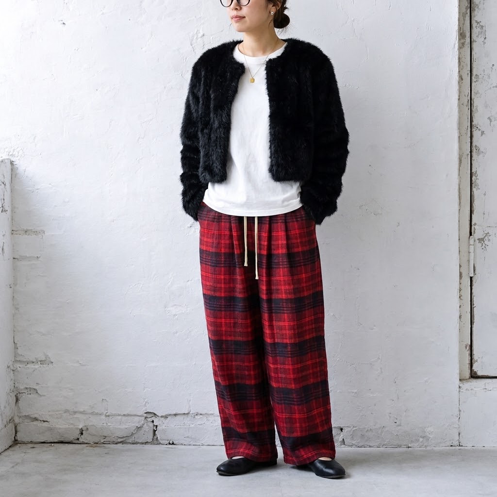 チェック柄 ストレートワイドパンツ 通常・裏起毛