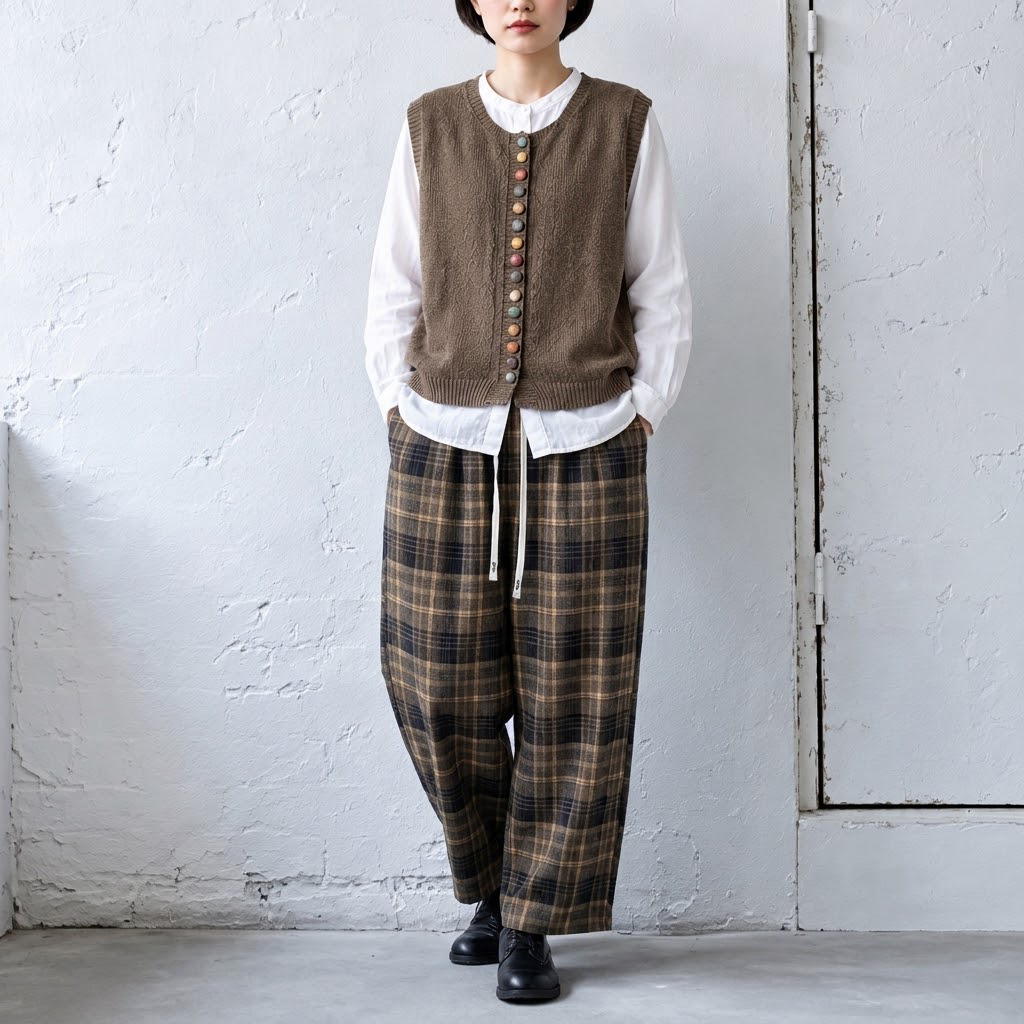 チェック柄 ストレートワイドパンツ 通常・裏起毛