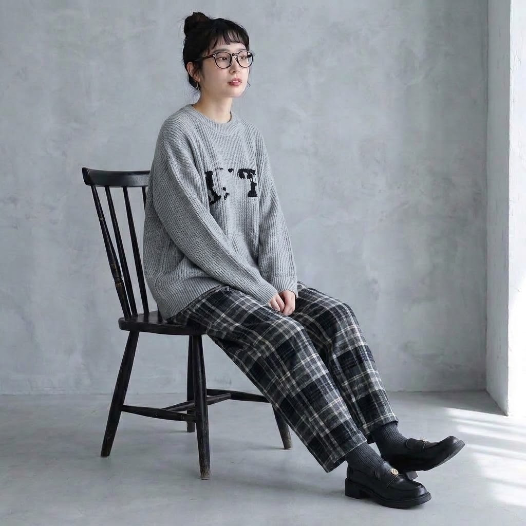 チェック柄 ストレートワイドパンツ 通常・裏起毛