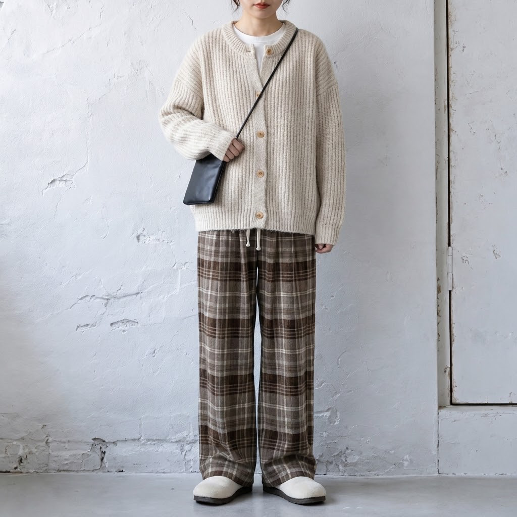チェック柄 ストレートワイドパンツ 通常・裏起毛