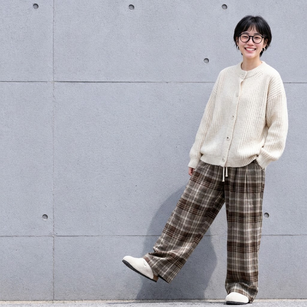 チェック柄 ストレートワイドパンツ 通常・裏起毛