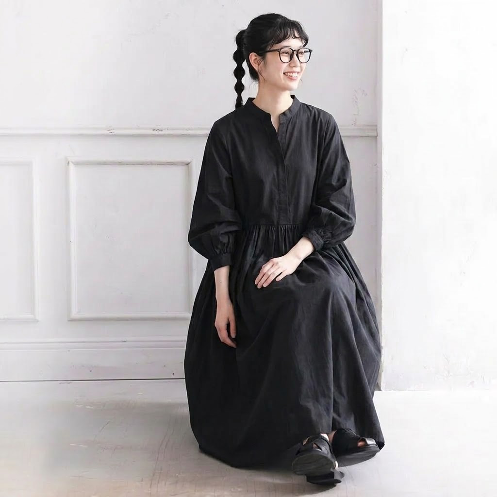 M／L Aライン パフスリーブ 七分袖 プリーツ 無地 ワンピース