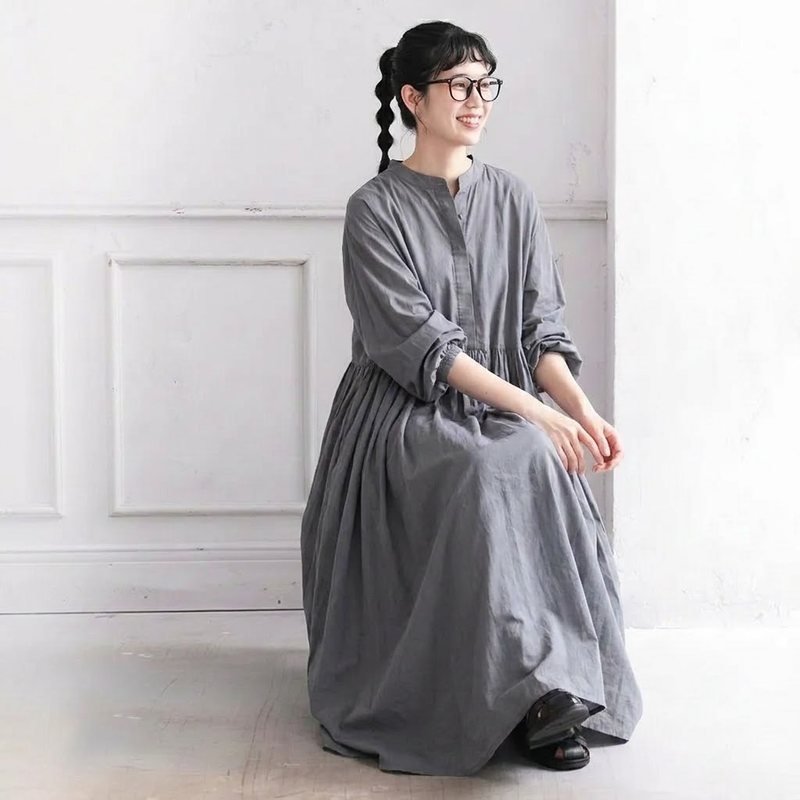 M／L Aライン パフスリーブ 七分袖 プリーツ 無地 ワンピース