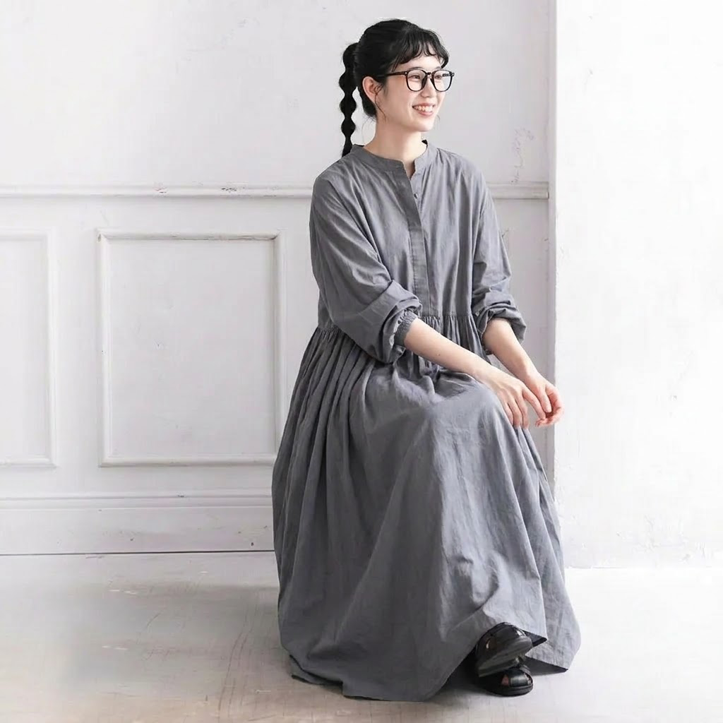 M／L Aライン パフスリーブ 七分袖 プリーツ 無地 ワンピース