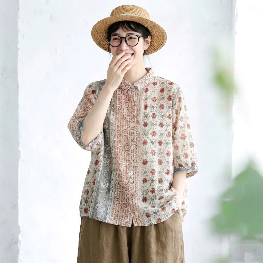 綿麻 小花柄プリント 五分袖シャツ